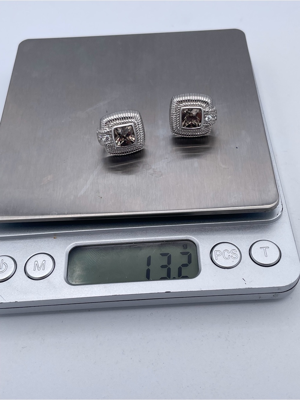 Judith Ripka 925 Sterling Silver Natural Smoky Quartz CZ Omega Earrings READ - Picture 7 of 8